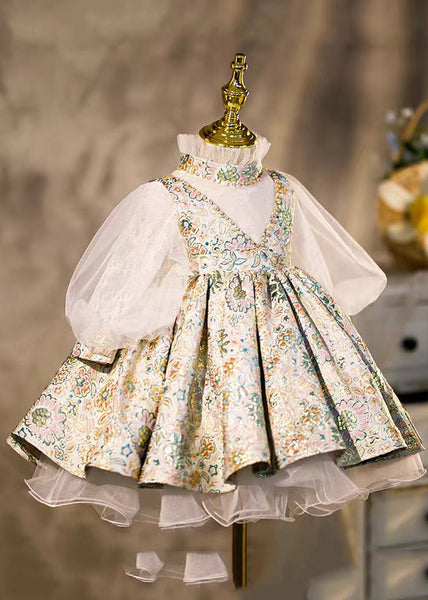 Art Print Turtleneck Tulle Kids Maxi Dresses Lantern Sleeve YS030 ABC