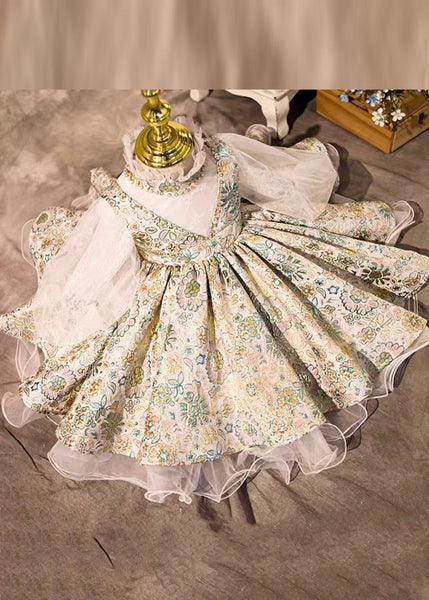 Art Print Turtleneck Tulle Kids Maxi Dresses Lantern Sleeve YS030 ABC