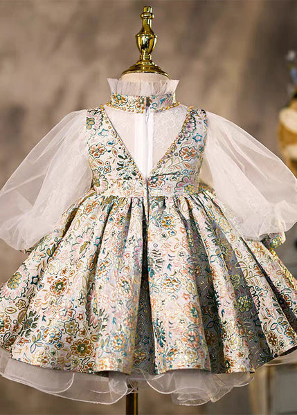 Art Print Turtleneck Tulle Kids Maxi Dresses Lantern Sleeve YS030 ABC