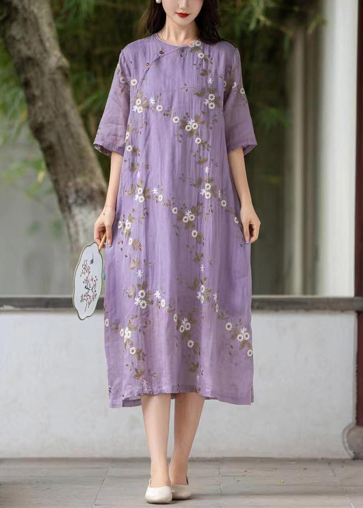 Art Purple Embroidered Button Linen Dress Summer MN078 MMDM-SDL240704