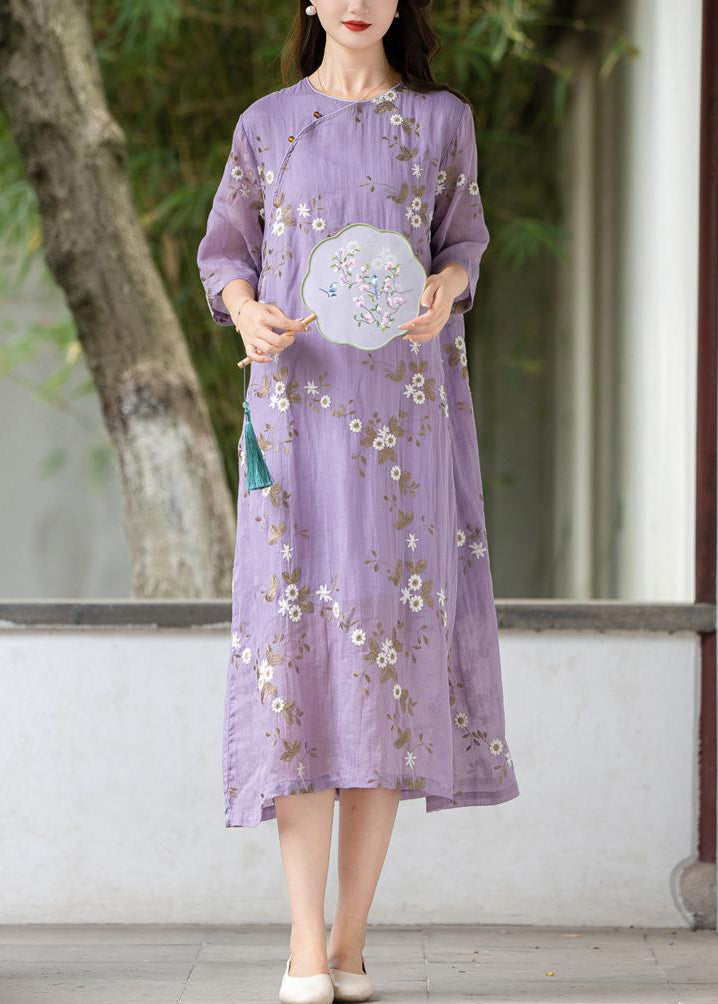 Art Purple Embroidered Button Linen Dress Summer MN078 MMDM-SDL240704