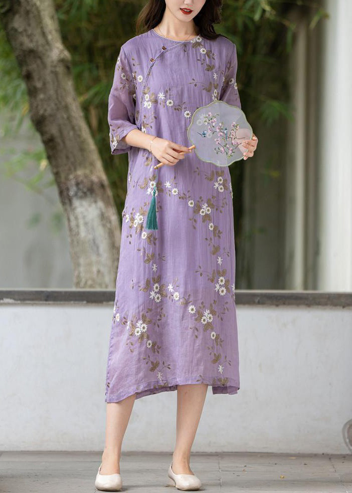Art Purple Embroidered Button Linen Dress Summer MN078 MMDM-SDL240704