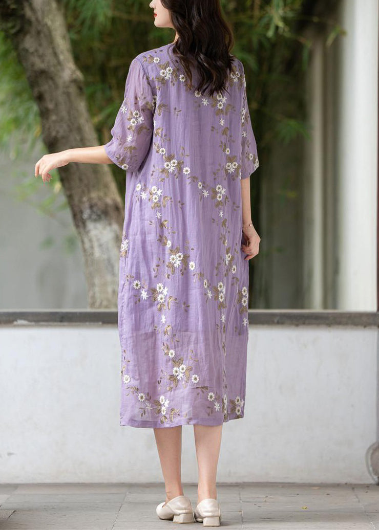Art Purple Embroidered Button Linen Dress Summer MN078 MMDM-SDL240704