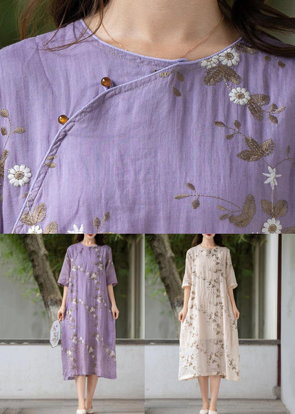Art Purple Embroidered Button Linen Dress Summer MN078 MMDM-SDL240704