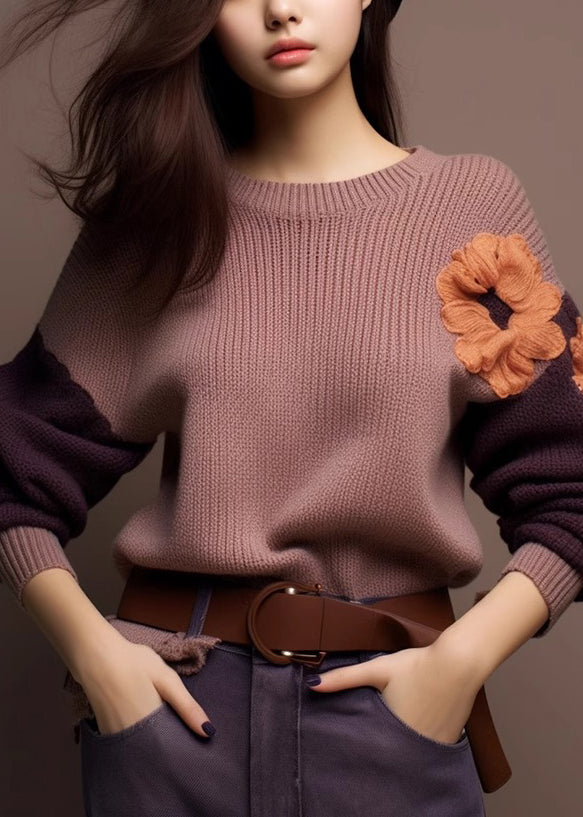 Art Purple O-Neck Cozy Patchwork Knit Sweaters Winter WX017 ABC