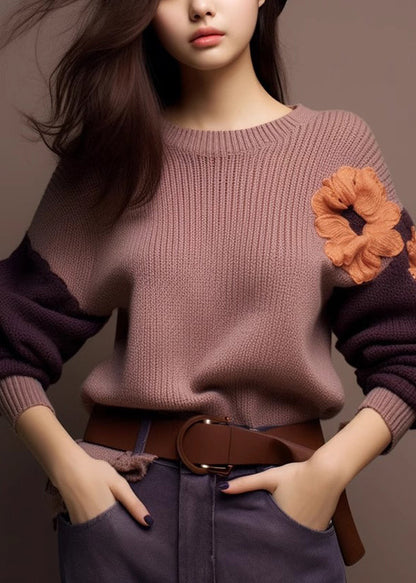 Art Purple O-Neck Cozy Patchwork Knit Sweaters Winter WX017 ABC