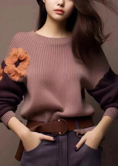 Art Purple O-Neck Cozy Patchwork Knit Sweaters Winter WX017 ABC