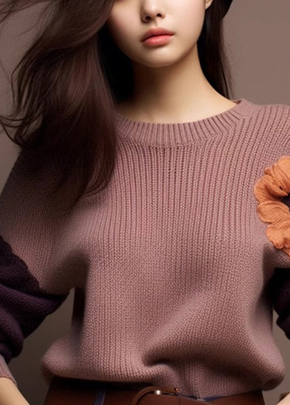 Art Purple O-Neck Cozy Patchwork Knit Sweaters Winter WX017 ABC