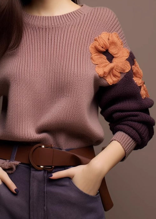 Art Purple O-Neck Cozy Patchwork Knit Sweaters Winter WX017 ABC