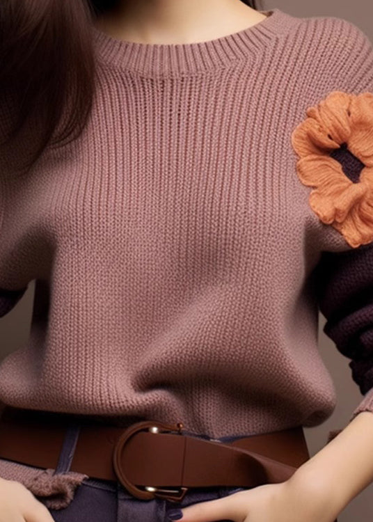 Art Purple O-Neck Cozy Patchwork Knit Sweaters Winter WX017 ABC