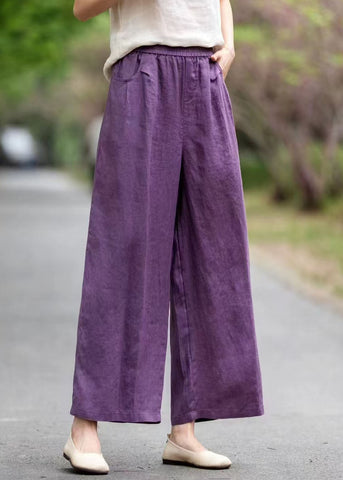 Pockets Linen Summer Pants Straight Art Oversized Purple FashionChic