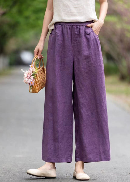 Pockets Linen Summer Pants Straight Art Oversized Purple FashionChic
