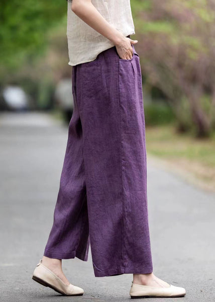 Pockets Linen Summer Pants Straight Art Oversized Purple FashionChic