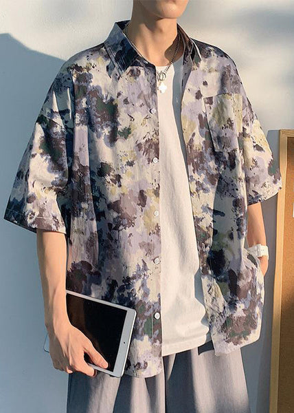 Art Purple Peter Pan Collar Print Mens Shirts Short Sleeve HG029 Men-Silk-MENSTP240725