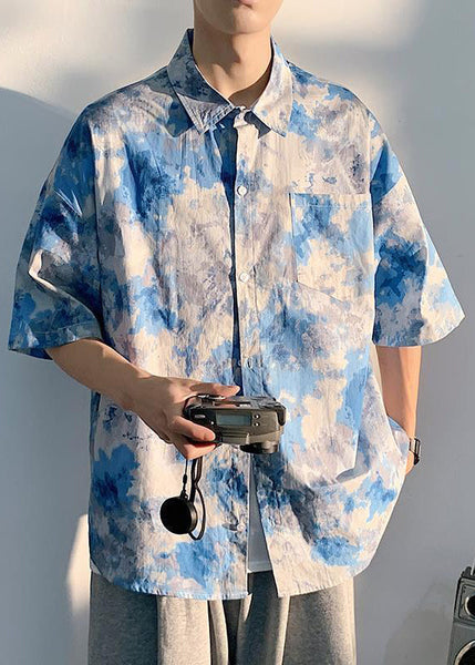 Art Purple Peter Pan Collar Print Mens Shirts Short Sleeve HG029 Men-Silk-MENSTP240725