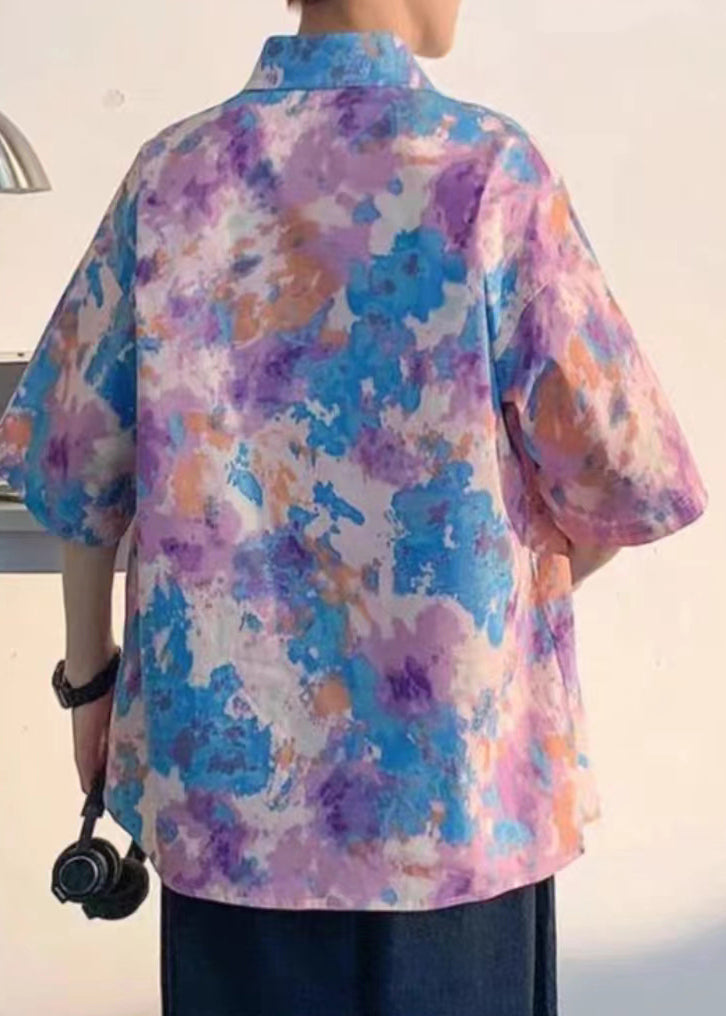 Art Purple Peter Pan Collar Print Mens Shirts Short Sleeve HG029 Men-Silk-MENSTP240725