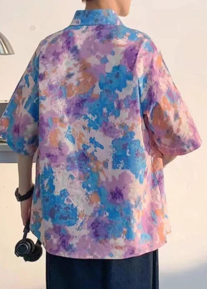 Art Purple Peter Pan Collar Print Mens Shirts Short Sleeve HG029 Men-Silk-MENSTP240725