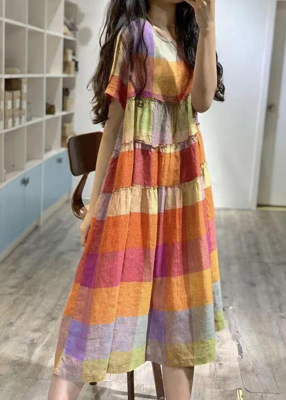 Summer Art Rainbow Ruffled Linen Plaid Dress FashionChic