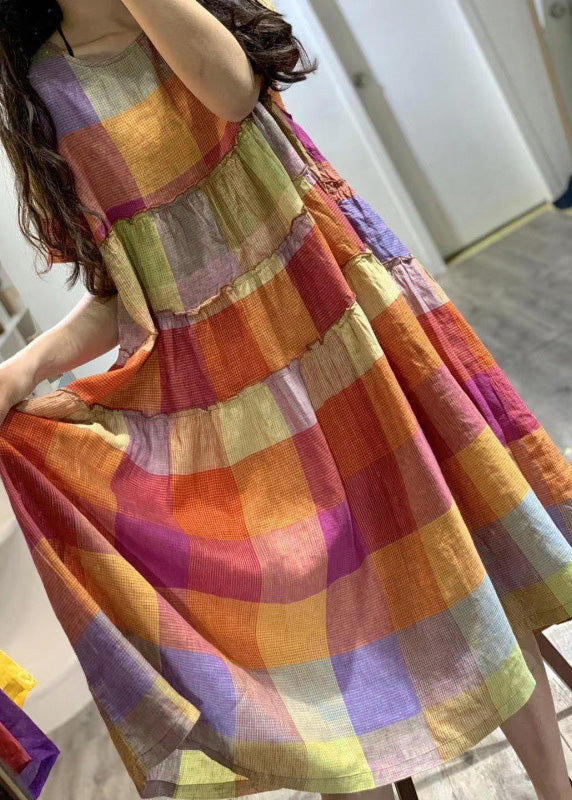 Summer Art Rainbow Ruffled Linen Plaid Dress FashionChic