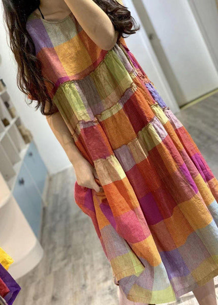 Summer Art Rainbow Ruffled Linen Plaid Dress FashionChic