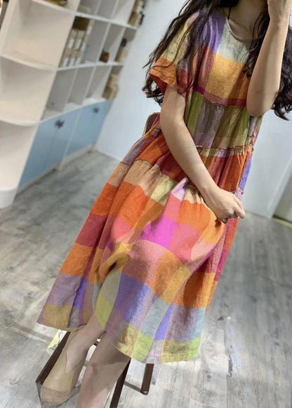 Summer Art Rainbow Ruffled Linen Plaid Dress FashionChic