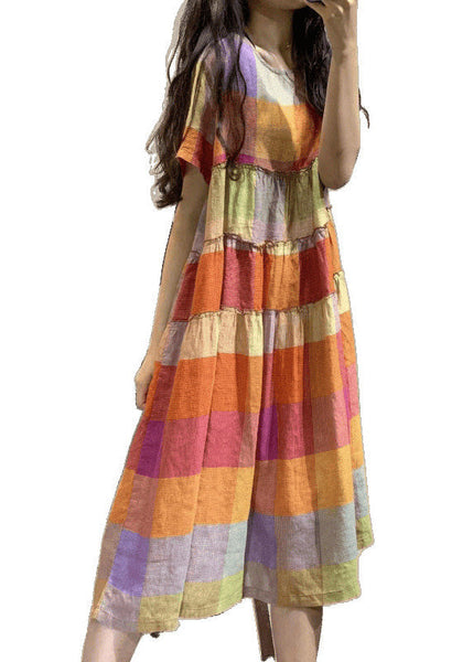 Summer Art Rainbow Ruffled Linen Plaid Dress FashionChic