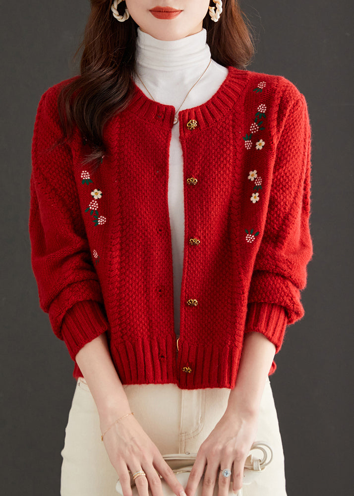 Art Red Embroidered Button Knit Cardigan Fall QS019 OM-BB241010