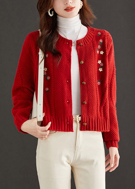 Art Red Embroidered Button Knit Cardigan Fall QS019 OM-BB241010