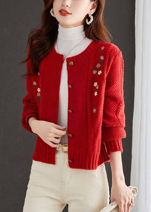 Art Red Embroidered Button Knit Cardigan Fall QS019 OM-BB241010