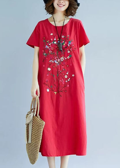 Red Dress Summer Linen Embroidered Holiday Art FashionChic