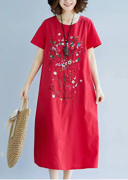 Red Dress Summer Linen Embroidered Holiday Art FashionChic