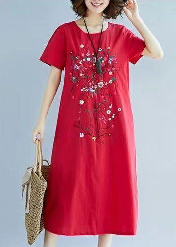 Red Dress Summer Linen Embroidered Holiday Art FashionChic