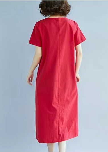 Red Dress Summer Linen Embroidered Holiday Art FashionChic