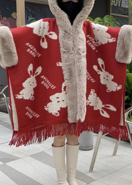 Art Red Hooded Print Patchwork Warm Fleece Cape Coats Spring YW005 ABC