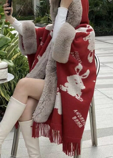 Art Red Hooded Print Patchwork Warm Fleece Cape Coats Spring YW005 ABC