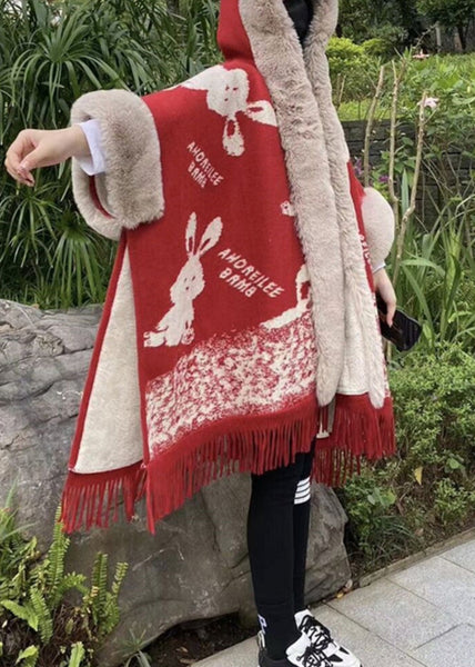 Art Red Hooded Print Patchwork Warm Fleece Cape Coats Spring YW005 ABC