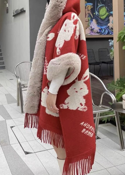 Art Red Hooded Print Patchwork Warm Fleece Cape Coats Spring YW005 ABC