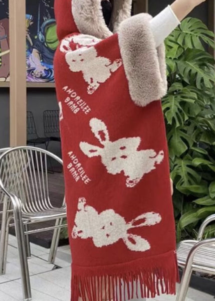 Art Red Hooded Print Patchwork Warm Fleece Cape Coats Spring YW005 ABC