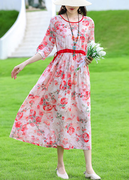 Art Red O Neck Print Lace Up Linen Dress Summer JH010 MMDM-SDL240717