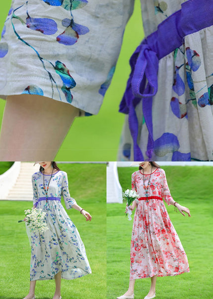 Art Red O Neck Print Lace Up Linen Dress Summer JH010 MMDM-SDL240717