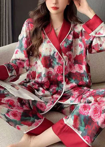 Art Red Peter Pan Collar Print Ice Silk Pajamas Two Piece Set Spring YK022 ABC
