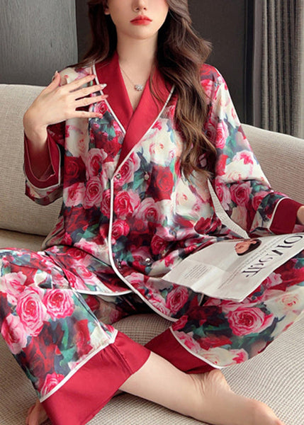 Art Red Peter Pan Collar Print Ice Silk Pajamas Two Piece Set Spring YK022 ABC