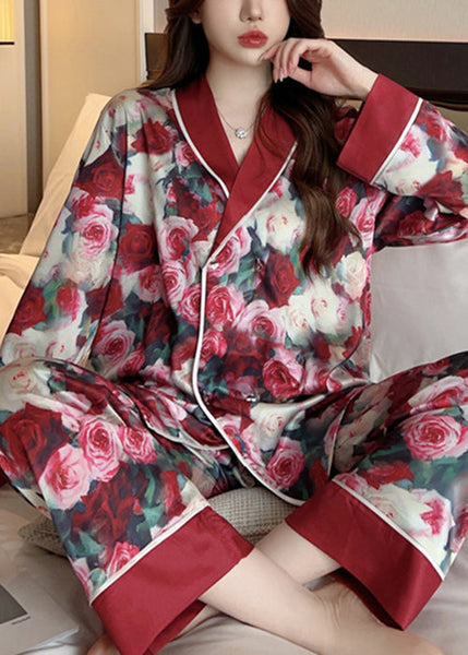 Art Red Peter Pan Collar Print Ice Silk Pajamas Two Piece Set Spring YK022 ABC