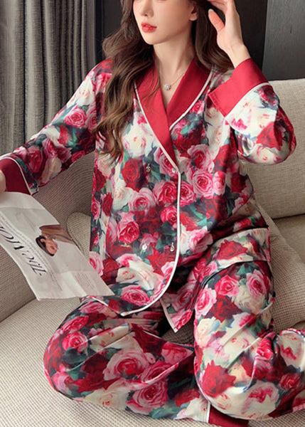 Art Red Peter Pan Collar Print Ice Silk Pajamas Two Piece Set Spring YK022 ABC