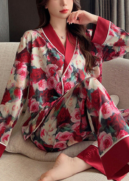 Art Red Peter Pan Collar Print Ice Silk Pajamas Two Piece Set Spring YK022 ABC