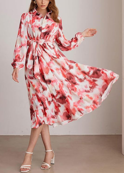 Art Red Peter Pan Collar Print Tie Waist Long Dress Fall AU1014 OM-ZS240902