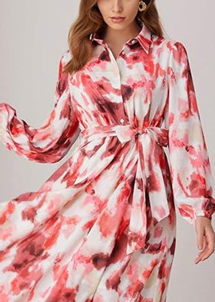 Art Red Peter Pan Collar Print Tie Waist Long Dress Fall AU1014 OM-ZS240902