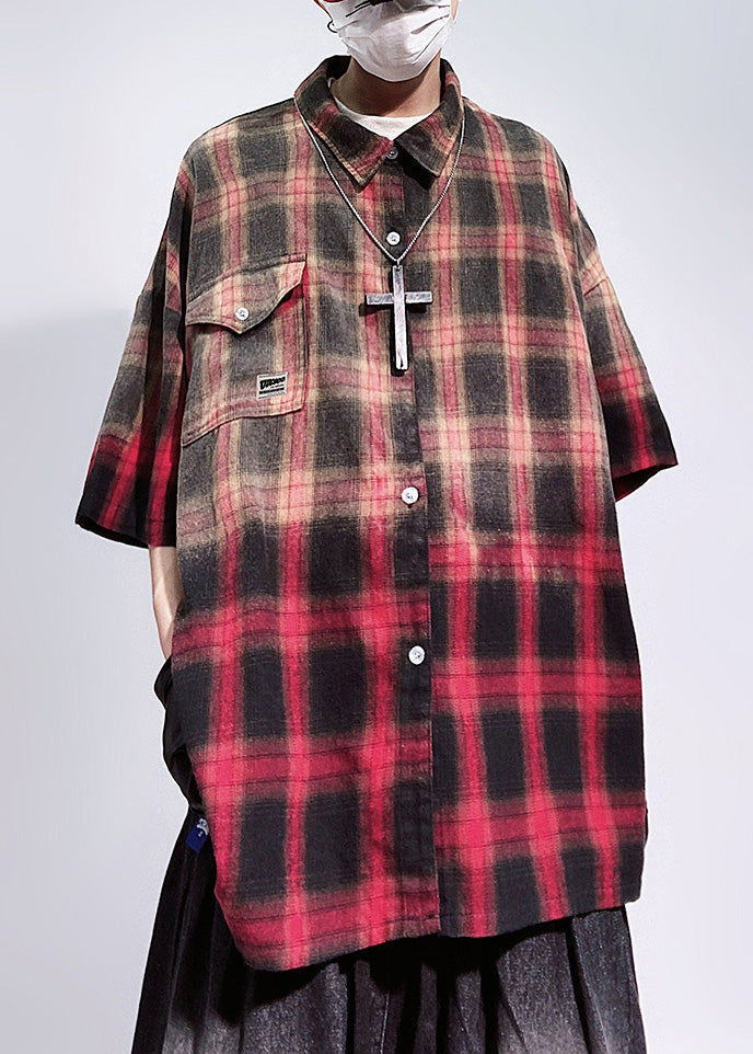 Oversized Red Art Cotton Sleeve Half Pockets Plaid Shirts Mens FashionChic
