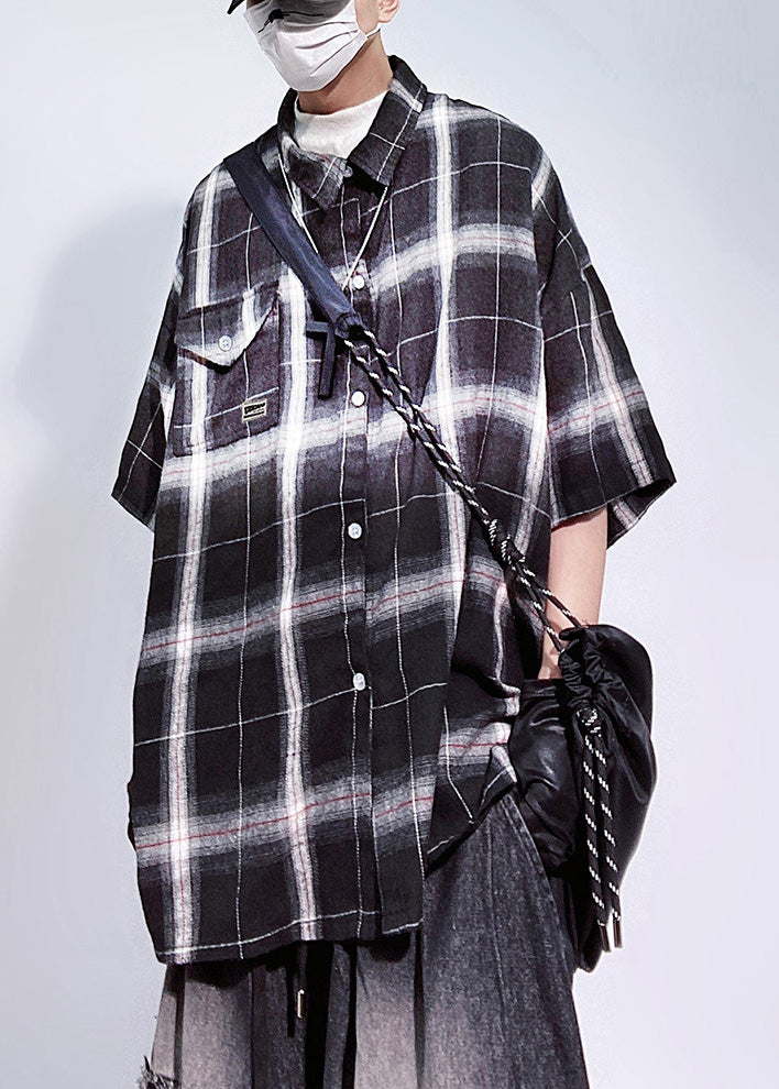 Oversized Red Art Cotton Sleeve Half Pockets Plaid Shirts Mens FashionChic