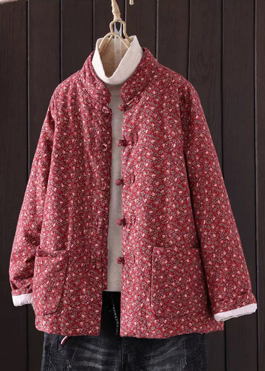 Art Red Print Button Pockets Thick Coat Winter QG036 OM-DJK241016